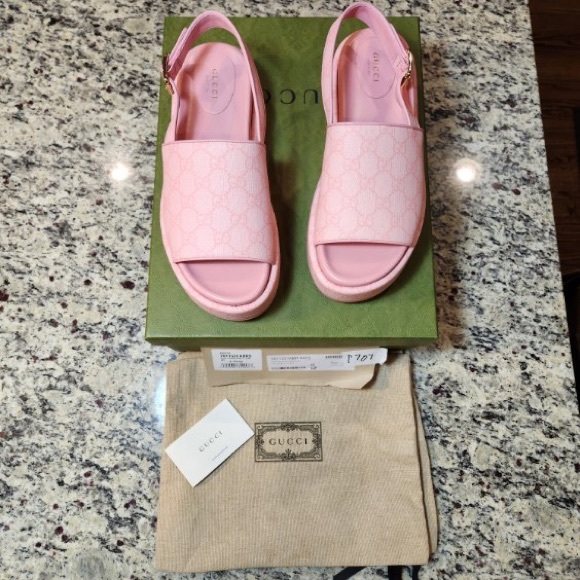 NEW Gucci Supreme Pink Monogram Coated Canvas & Leather Platform Sandal Size 37 - Picture 5 of 12